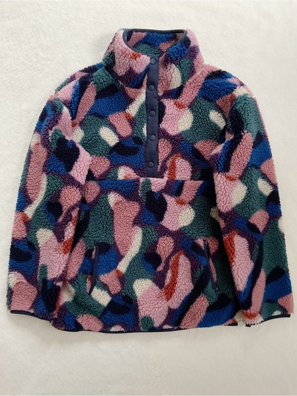 FatFace Abstract Print Teddy Fleece Pullover Women’s Small Snap Neck Multicolor